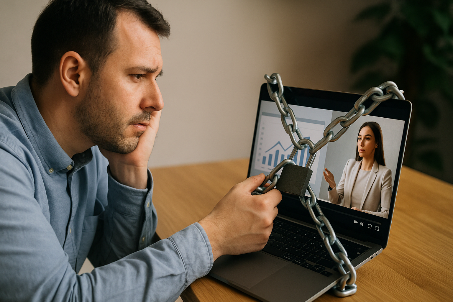 Man watches a webinar on a laptop while a chain and padlock obscure the screen, symbolizing expert knowledge trapped in an inaccessible replay.